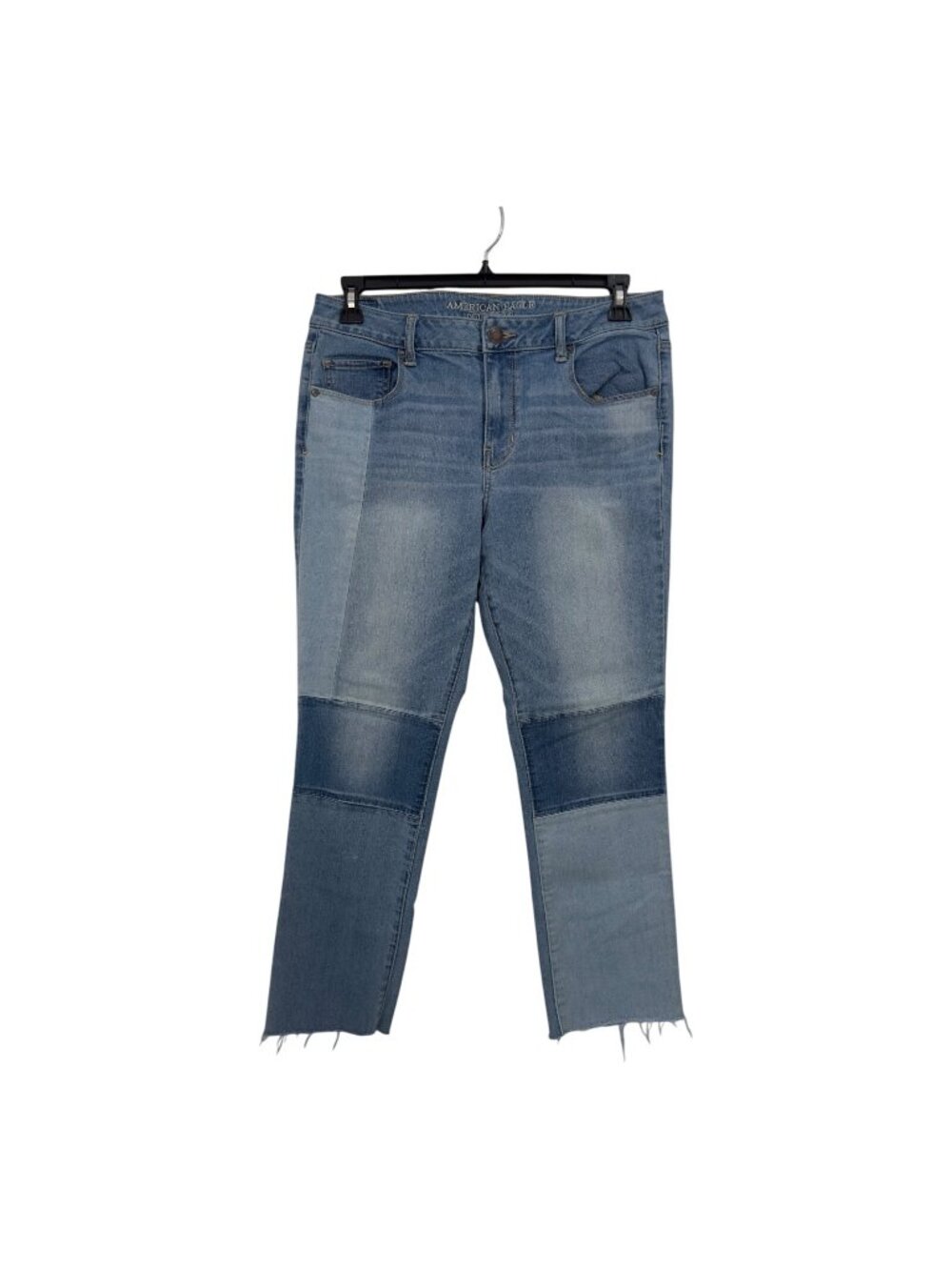 American Eagle Women SZ14 Patchwork Skinny Jean Distressed Frayed Hem Blue Denim